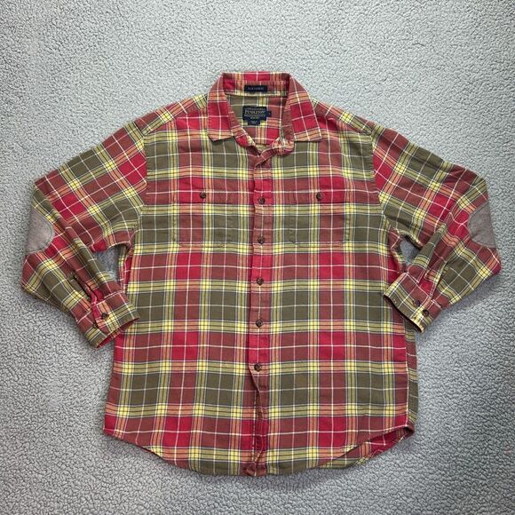 Pendelton Hawthorne Mens Flannel Elbow Patches Red Green Plaid Size Large - Picture 1 of 4